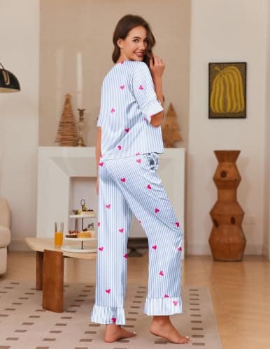 Ekouaer Silk Pajamas for Women Set 3/4 Sleeve Ruffle Pjs Bow Tie Sleepwear view 5