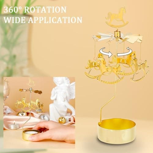 COMZPLIFE Carousel Spinning Tea Light Candle Holder, Gold Metal Rotary Candle Holder for Birthday, Wedding, Anniversary, Party, Table Decoration, Home Decor view 4