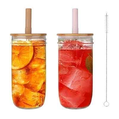 Luxgola Glass Tumbler with Lids and Straws 2 Pack, 24oz Glass Drinking Jars with Lids and Straws,Reusable Wide Mouth Mason Jar Iced Coffee Cup,Smoothie Cup Coffee Travel Mug for Car/Home