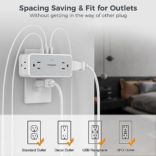 Multi Plug Outlet Splitter, TESSAN 4 Wall Outlet Extender with 3 USB Wall Charger(1 USB C), Surge Protecter 900J, Widely Spaced Multiple Plug Expander view 6