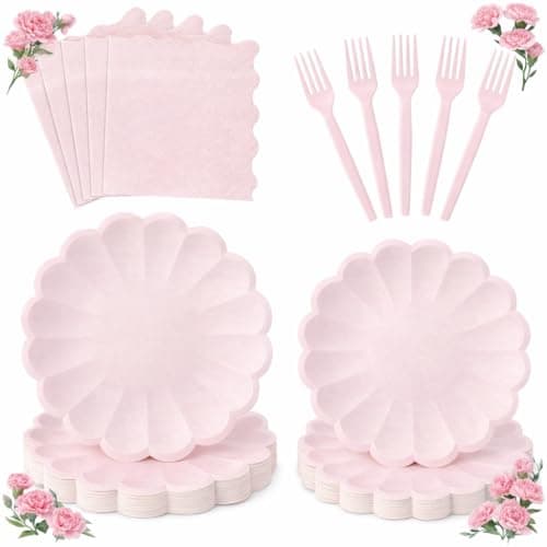 96 Pcs Pink Paper Plates and Napkins Party Supplies Serve 24 Guests Include Scalloped Mothers Day Plates 9.5", Dessert Plate 7.5", Napkins Plastic Forks for Baby Bridal Shower Wedding Birthday — image 1