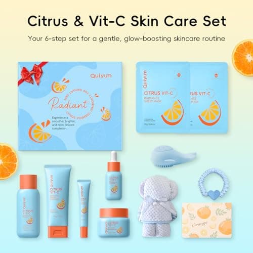 QUIYUM Citrus & Vit-C Glow Up Skin Care Set - 6-Step Daily Routine with Cleanser, Toner, Serum, Eye Cream, Moisturizer & Face Mask, Facial Gift Set for Women Preteens Girls, for Fresh Radiant Skin view 2