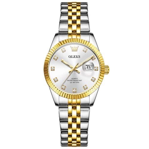 OLEVS Watch Women Gold Watches for Women Luxury Two Tone Womens Watches Dress Silver Stainless Steel Reloj para Mujer Diamond Date Waterproof Easy Reader Analog Quartz Female Watch for Small Wrists