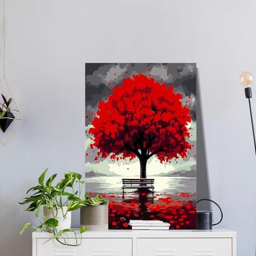 igoodom Framed Paint by Numbers Kit for Adults Beginner, Red Trees Easy Paint by Number Kits on Canvas with Easel, DIY Adults' Paint-by-Number Kits for Gift Home Wall Decor 8x12inch view 2