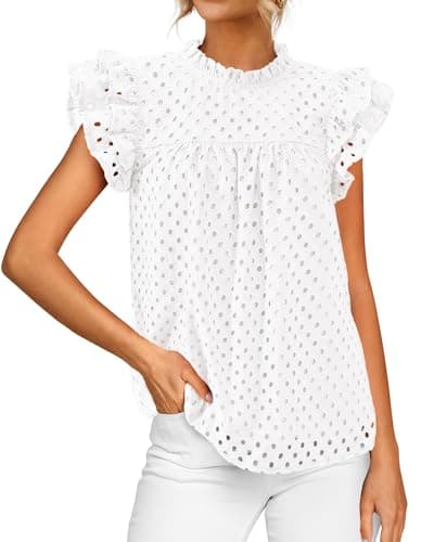 BTFBM Casual Summer Tops for Women 2025 Short Ruffle Sleeves Shirts Crew Neck Hollow Out Lace Embroidered Blouses(White,XX-Large)