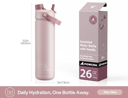 POWCAN 26 oz Insulated Water Bottle with 2-in-1 Straw and Spout Lid, Keep Cold 24H, Leak-Proof, Fits in Car Cup Holder, Stainless Steel Water Bottle for Gift, Holiday, Travel and School (Sweet Rosy) view 3