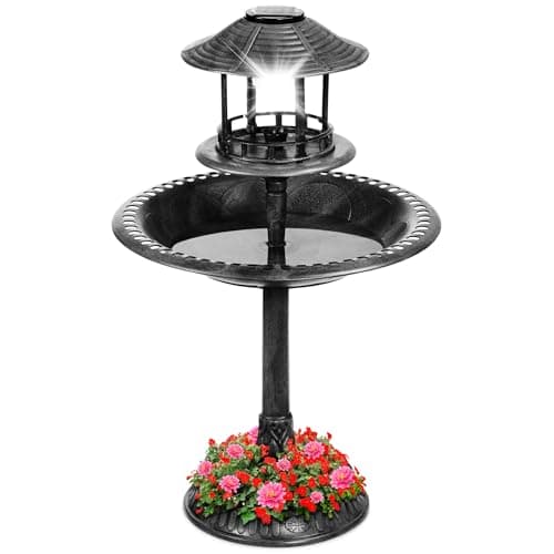 Best Choice Products Solar Outdoor Bird Bath Vintage Resin Pedestal Fountain Decoration for Yard, Garden w/Planter Base, Feeder, Decorative Bird Cage, Fillable Stand - Black view 1