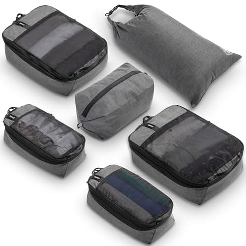 Compression Packing Cubes for Travel by TRIPPED – 6-Piece Premium Set with Laundry & Shoe Bag, Space Saving Travel Organizer Bags for Suitcase & Carry-On Luggage (Grey Mesh)