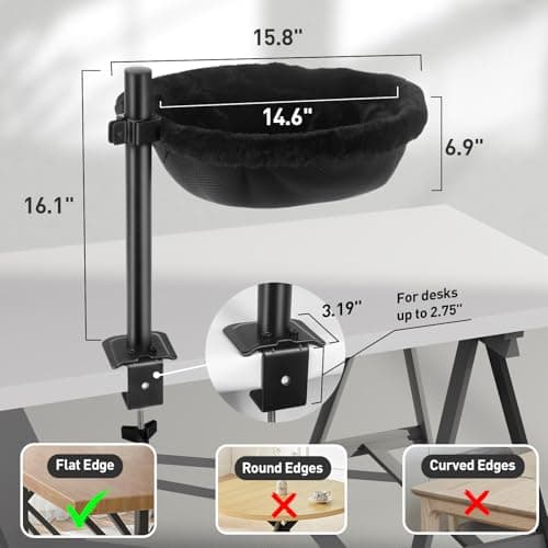 Cat Desk Bed, Heavy Duty Steel Clamp-On Various Desktops, Machine Washable Reversible Cat Beds for Large & Kitten, 360° Rotating Height Adjustable, Indoor Cats Nest Furniture Supports 45lbs, Black view 4