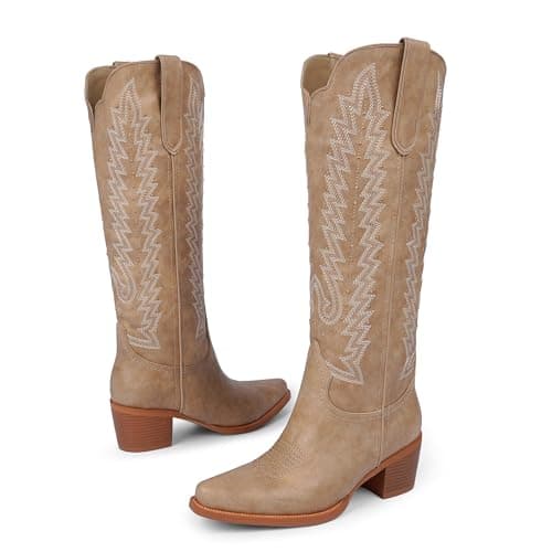 VIUGJNEX Women's Knee High Cowboy Boots - 2.2 Inch Chunky Heel Pointed Toe Cowgirl Boots, Studded Embroidered Pull-On Boot for Party & Concert view 6