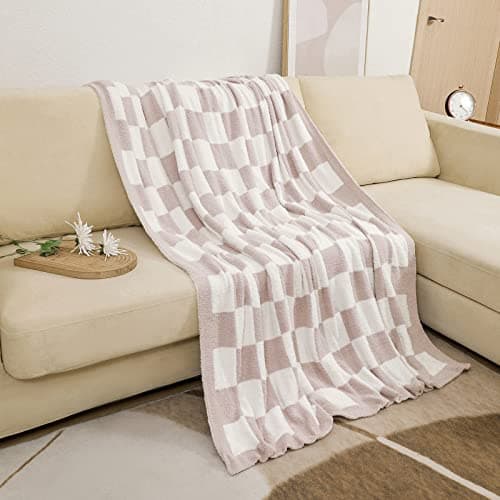 bearberry Fuzzy Checkerboard Grid Throw Blanket Knitted Soft Cozy Warm Microfiber Bed Blanket Decor for Couch Sofa Bed Travel Home (Cream, 60''x80'') view 5