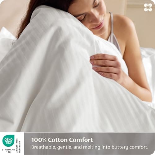Bedsure 100% Cotton Percale Duvet Cover Queen, Luxury Hotel Duvet Cover, Striped Jacquard White Comforter Cover, PureWoven Breathable & Lightweight Bedding Set for All Season, 3 Pieces, 90"x90" view 3
