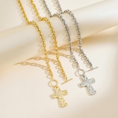 Punhem Chunky Gold Necklace for Women - 14K Gold/Silver Plated Trendy Dainty Non Tarnish Thick Chain Statement Charm Necklace with Vintage Toggle Clasp Fashion Jewelry Set Gift view 5