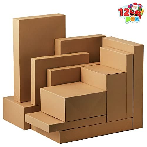JOYIN 12PCS Christmas Brown Gift Boxes with Lids for Presents, 4" Deep Large Shirt Robe Wrapping Box, 4 Different Sizes Holiday Festive Lingerie Cupcake DIY Kraft Cardboard Boxes view 6