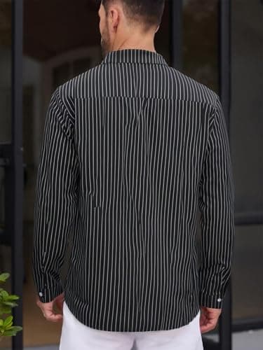 BAYAMO Men's Banded Collar Stripe Shirt, Linen Cotton Mandarin Collar Long Sleeve Button Down Shirts Collarless Tops view 2