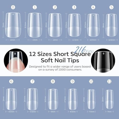 modelones Short Square Nail Tips, Pre-shaped Soft Gel Tips Fake Nails False Acrylic Clear Full Cover Press on Extension Gel Kit Manicure DIY at Home 216PCS 12Sizes view 6