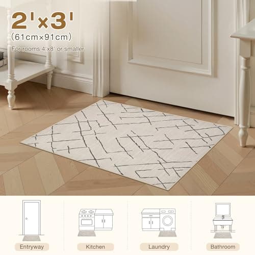 kakania 2x3 Washable Entryway Rug: Non Slip Soft Thin Small Rug, Boho Geometric Modern Decor, Easy Clean Indoor Floor Door Mat for Kitchen Bedroom Kids Dorm - Beige view 2