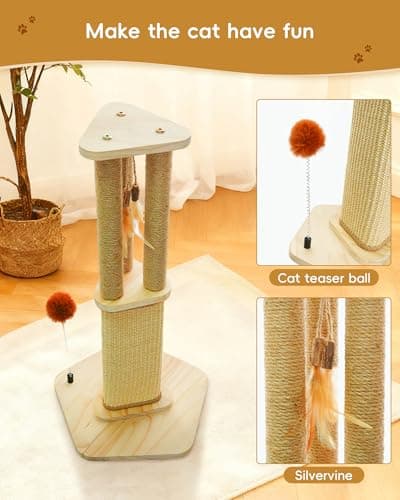 Cat Scratching Post, 26.3 Inch Scratch Post for Indoor Cats, Sisal Scratcher Posts for Medium/Small Cat, with Sturdy Wood Hexagonal Base, Silver Vine Feather Toy & Scratch Pad, Kitten Toys view 2