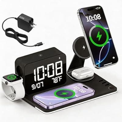 THL MagCharge 7-in-1 Magnetic Wireless Charging Station, 25W Rotatable Stand, Dimmable Ambient, Bluetooth Clock, 65W Adapter Included, for iPhone 17/16/15, Apple Watch, AirPods, Bedside Desk Charger