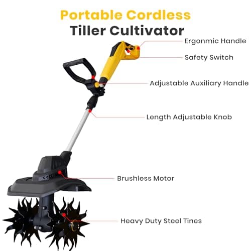 Cordless Tiller Cultivator Compatible with Dewalt 20V Battery(Tool Only), 9-Inch Tilling Width, 6.6-Inch Depth 360RPM Electric Brushless Tiller Garden Rototiller for Lawn/Gardening/Soil Cultivation view 4