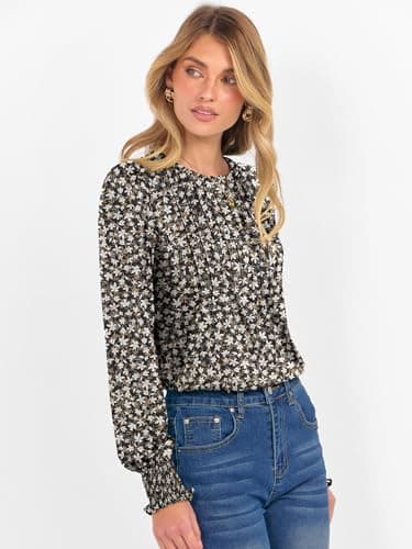 Prinbara Long Sleeve Shirts for Women 2025 Fall Tops Floral Print Pleated Dressy Casual Blouses view 5