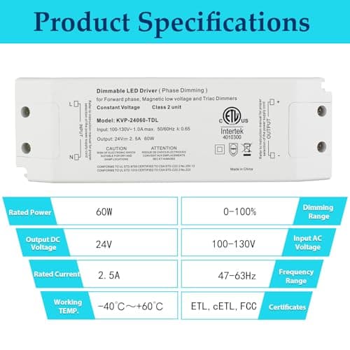 Hanbaak 60W Triac Dimmable LED Driver, 24V Dimmable Power Supply, 100-130VAC to 24VDC Transformer for Low Voltage Lighting Project, Compatible with Lutron Leviton Dimmers view 2