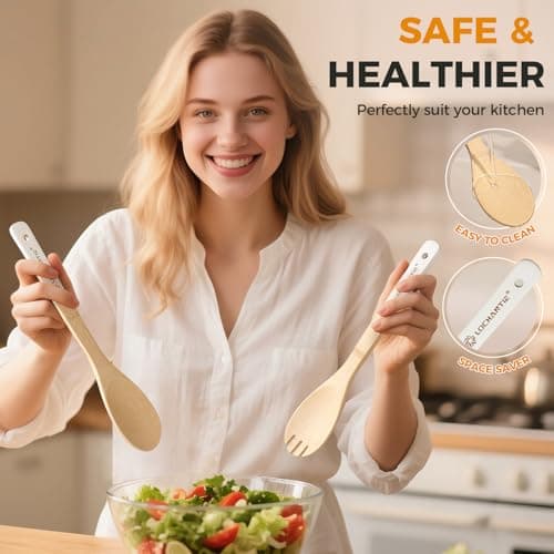 Wooden Spoons for Cooking Bamboo Utensils Set (6 Pieces) - Essential Tools Wooden Spatula & Spoons for Everyday Stirring, Mixing, Flipping & Serving, Gentle on Nonstick Cookware, White view 7