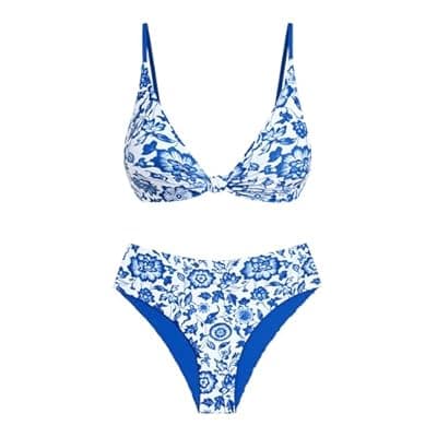 ZAFUL Bikini Set for Women V Neck Knot Front Push Up Bathing Suit High Cut Two Piece Swimsuit Brazilian Cheeky Swimwear