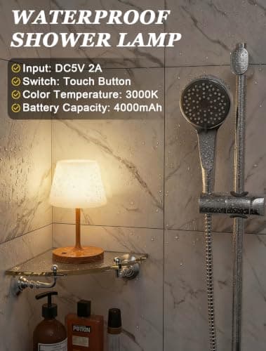 Kakanuo Shower Lamp IP54 Waterproof, Small Cordless Rechargeable Table Lamp | 4000mAh Battery Operated, Dimmable Touch Lamp for Bathroom, Bathtub, Kitchen, Bedroom, Outdoor, Camping, Wood Grain 1Pack view 4