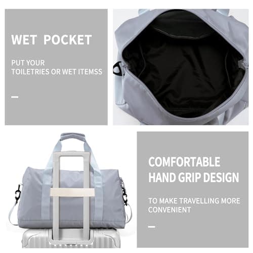 Travel Duffle Bag,Sport Gym Bag for Men And Women with Wet Pocket,Weekender Bag Carry On Tote Bags for Airplane Light Grey view 3