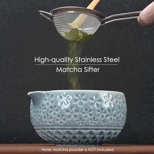 7Pcs Matcha Whisk Set, Matcha Set Whisk and Bowl,Bamboo Scoop, Scoop Rest, Sifter and Tea Towel, Matcha Kit W/Carved Cherry Blossm Pattern for Matcha Lovers (Sakura Blue) view 4