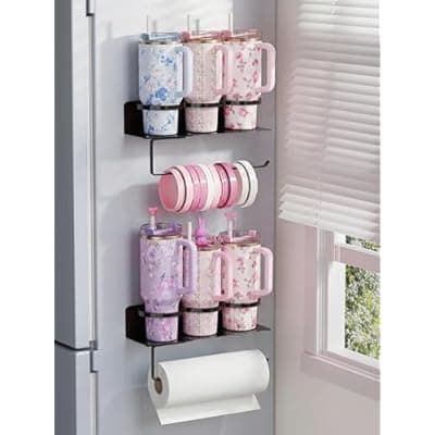 YIGII Magnetic Cup Holder for Fridge, 2 Pack Water Bottle Organizer for Stanley Cup with Tumbler Lid Holder, Magnetic Tumbler Storage Rack for Metal Surfaces (Black)
