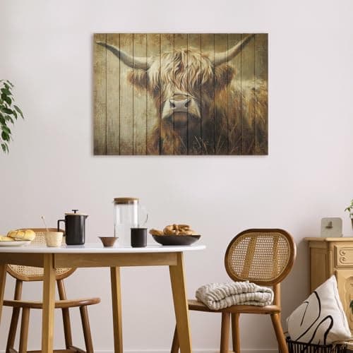 llribbons Handmade Highland Cow Wall Art, Rustic Farmhouse Canvas Painting Animal Wall Decor 3D Textured Fabric Tape Prints on Wood Plank Style for Living Room, Bedroom, Kitchen, Bathroom – 20" x 28" view 6