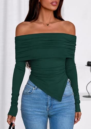PRETTYGARDEN Women's Off The Shoulder Tops Spring Fashion 2026 Long Sleeve Shirts Going Out Slim Fitted Blouses Fall Clothes view 5