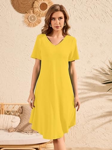 DEARCASE Women's T Shirt Dress Short Sleeve V-Neck Spring Summer Casual Loose Flowy Swing Midi Tunic Dresses view 3