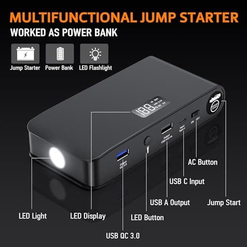 BOOKOO Car Battery Jump Starter 4000A,16000mAh Portable Battery Jumper Cables for Car 8L Gas 7L Diesel Engines,Jump Box with USB QC 3.0 PD 18W Fast Charging,3 LED Modes with SOS for Emergency Use view 6