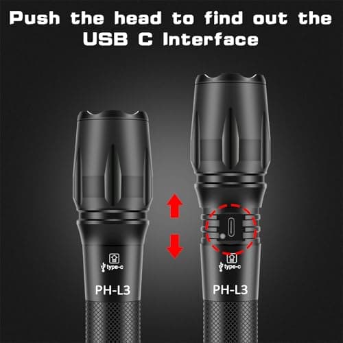 PHIXTON Rechargeable Flashlights High Lumens, USB C Chargeable LED Flashlight, Bright Strong Handheld Flash Lights, Long Lasting, Adjustable Focus, 5 Modes, for Emergencies Hiking Gift view 2