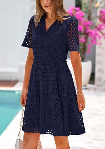 PRETTYGARDEN Eyelet Dresses for Women 2026 Summer Short Sleeve V Neck Hollow Out Ruffle A Line Boho Beach Vacation Mini Dress view 4
