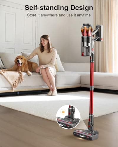 Cordless Vacuum Cleaner, 650W/55KPa 70Mins Vacuum Cleaners for Home, Self-Standing Stick Vacuum with Anti-Tangle Brush & OLED Touch Screen, Vacuum Cleaner for Hardwood Floors,Carpet,Pet Hair,Car (Red) view 4