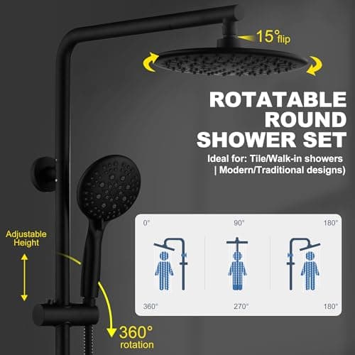 SonTiy Matte Black Rain Shower Head System with Handheld Spray, 360° Adjustable Shower Arm Exposed System with Height Adjustable Holder and 72Inch Long Shower Hose for Whole Family view 5