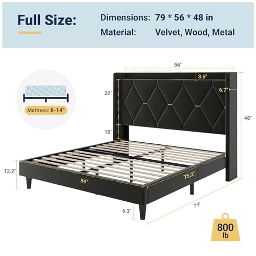 Allewie Velvet Full Size Upholstered Bed Frame with Wingback Storage Headboard & Charging Station, Platform Bed with Diamond Tufted Design & Gold Trim, No Box Spring Needed, Easy Assembly, Black view 2
