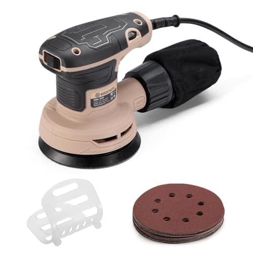 WOODSTARTER 5-Inch Random Orbital Sander, 2.6Amp 320W Variable Speed (8000–13000RPM) Electric Sanders for Wood & Metal, Low Vibration, Aluminum Fan Blades, 15 Sandpapers, Dust Bag Included