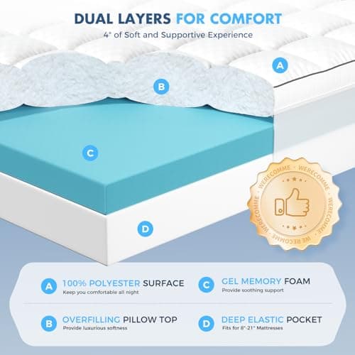 Queen Size Dual Layer 4 Inch Memory Foam Mattress Topper for Pressure Relief, 2" Breathable Pillow Top Plus 2" Cooling Gel Memory Foam Mattress Pad, 21" Elastic Pocket, Medium Support, White view 2