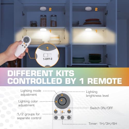 EverBrite Puck Lights with Remote, Rechargeable 2000mAh Linked Sensor Under Cabinet, Two Group Control, 10 RGB Colors, Dimmable for Kitchen, Bedroom Closet (6-Pack) view 2