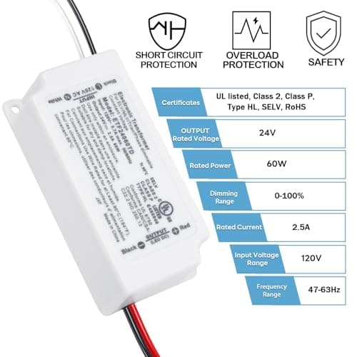Hanbaak 60W Dimmable LED Driver, Electronic Transformer, 120V AC to 24V DC Power Supply for LED Strip Light, Low Voltage Lighting Project, Compatible with Lutron Leviton Dimmers, UL Listed, Class 2 view 2