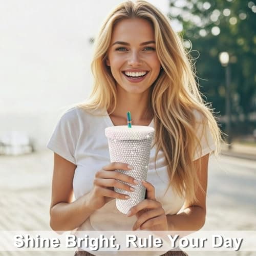 26oz Bling Rhinestone Studded Tumbler with Lid and Straws, Bling Cups Stainless Steel Water Bottle Diamond Glitter Tumbler for Women - Birthday Gifts for Women, Mom,Get Well Soon Gifts (White) view 2