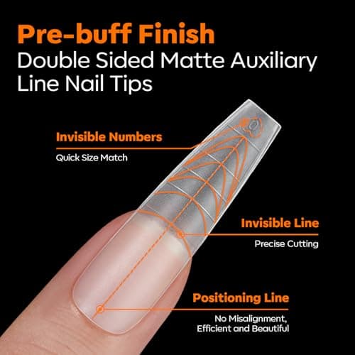 modelones Long Coffin Guiding Line Nail Tips, Soft Gel Tips Fake Nails False Acrylic Extensions Seamless Accurate Positioning Scale Line, Full Matte Professional Nail Salon 216PCS 12Sizes view 2