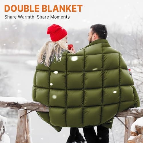 Gaialoop Down Puffy Blanket for 2 Person Car Camping Outdoor Travel Backpacking, 80% Duck Down & 20% Feather Lightweight Portable Soft Warm Cozy Camping Blanket Quilt, Olive Green view 2
