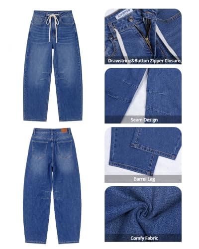 luvamia Barrel Jeans Women Trendy Baggy High Waisted Drawstring Denim Pants | Barrel Wide Leg Pants, 27.5" Inseam, Baggy Jeans, Stretchy, Ankle Length, Drawstring Adjustable Waist, Casual Denim Outfits view 2