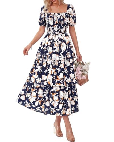 BTFBM Womens Square Neck Smocked Dress Summer Puff Short Sleeve Floral Casual Ruffle Tiered Maxi Wedding Guest Dresses — image 1